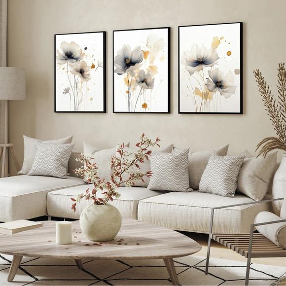 Kit 3 Quadros Decorativos Flores Modernas Sala Quarto Vidro