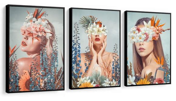 Kit 3 Quadros Decorativos Flores Mulher Quarto Sala Moldura