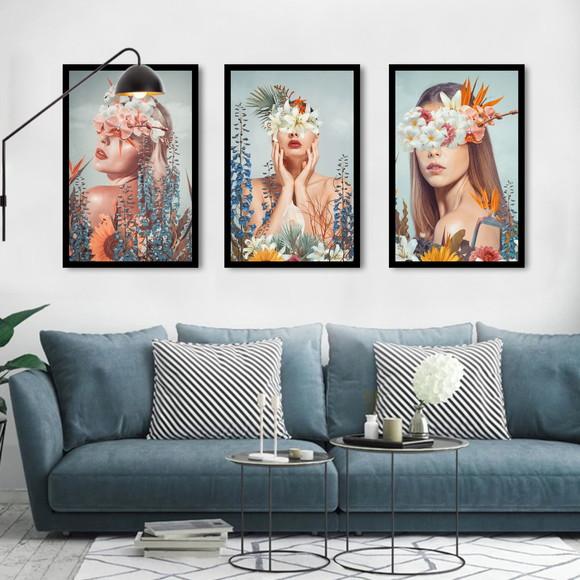 Kit 3 Quadros Decorativos Flores Mulher Quarto Sala Moldura