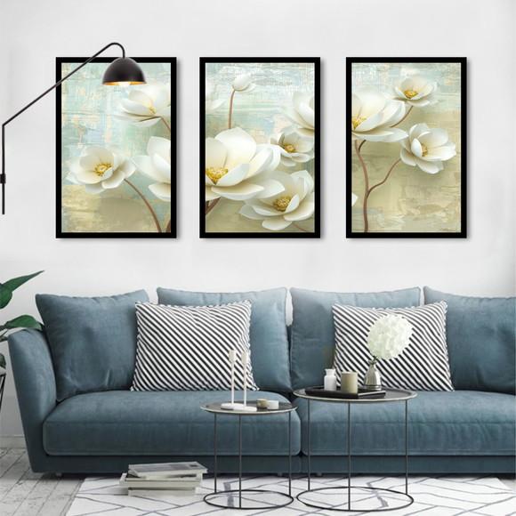 Kit 3 Quadros Decorativos Flores para Sala de Estar Molduras