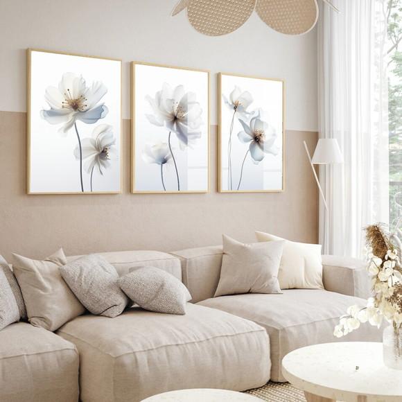 Kit 3 Quadros Decorativos Flores para Sala Moderna com Vidro