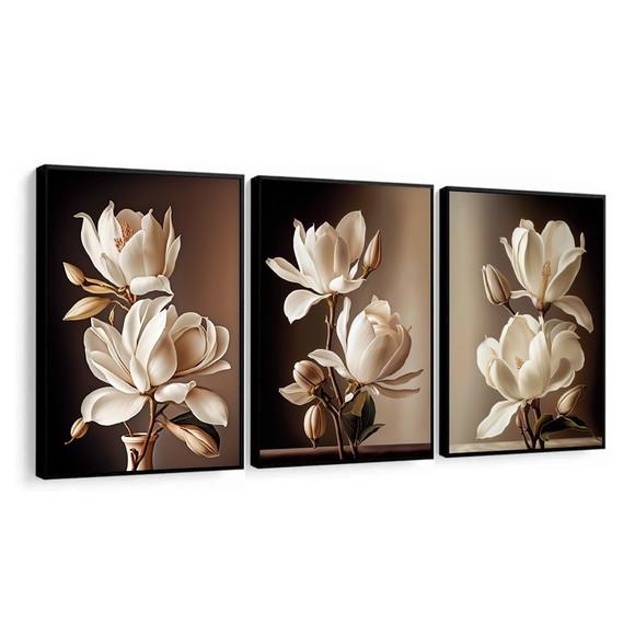 Kit 3 Quadros Decorativos Flores para Sala Moderna Moldura