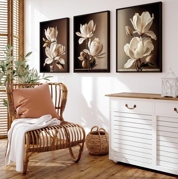 Kit 3 Quadros Decorativos Flores para Sala Moderna Moldura