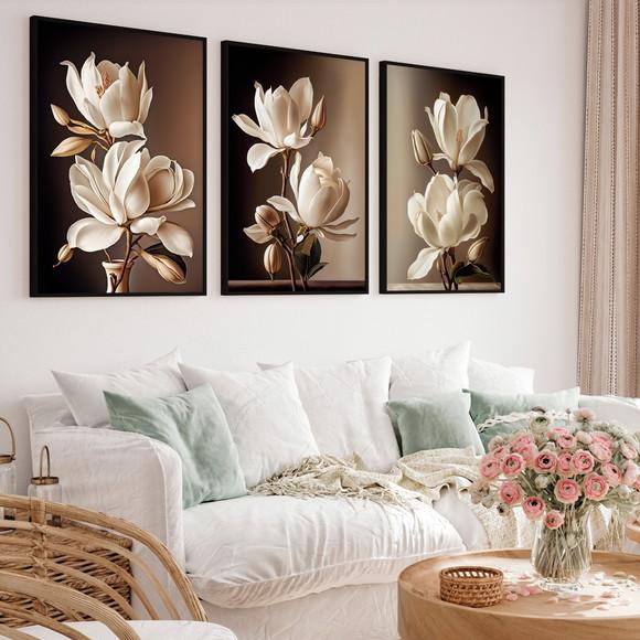 Kit 3 Quadros Decorativos Flores para Sala Moderna Moldura