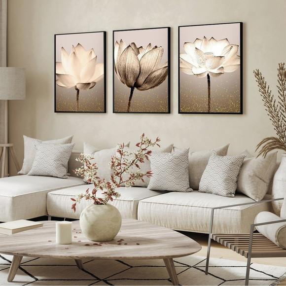 Kit 3 Quadros Decorativos Flores para Sala Modernos Moldura