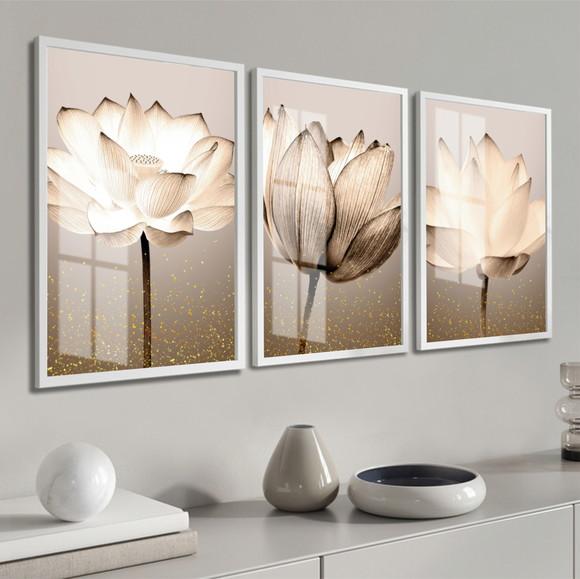 Kit 3 Quadros Decorativos Flores para Sala Moldura e Vidro