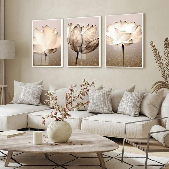 Kit 3 Quadros Decorativos Flores para Sala Moldura e Vidro