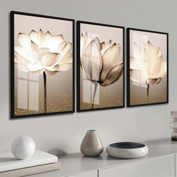 Kit 3 Quadros Decorativos Flores Para Sala Moldura E Vidro