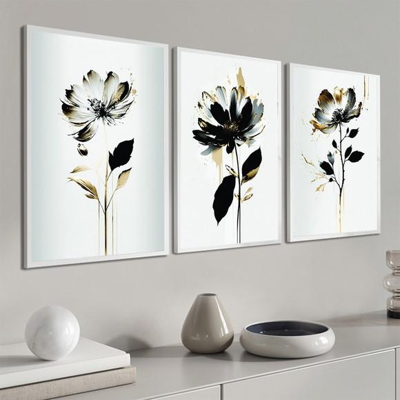 Kit 3 Quadros Decorativos Flores Preta e Dourada com Moldura