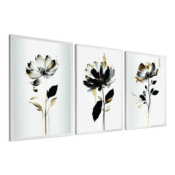 Kit 3 Quadros Decorativos Flores Preta e Dourada com Moldura
