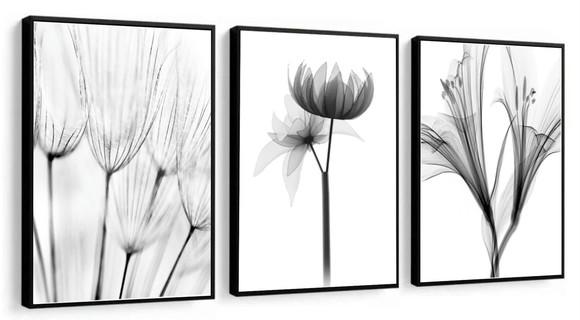 Kit 3 Quadros Decorativos Flores Preto Branco Moldura 23x33