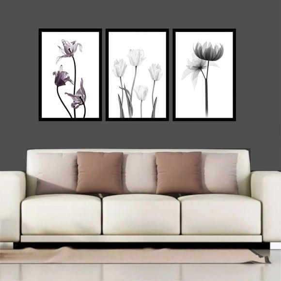 Kit 3 Quadros Decorativos Flores Preto e Branco Conjunto
