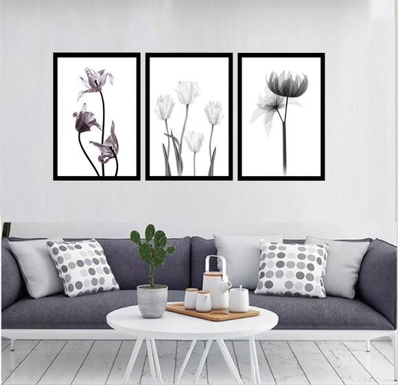 Kit 3 Quadros Decorativos Flores Preto e Branco Conjunto