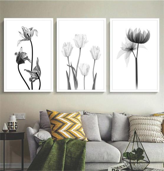 Kit 3 Quadros Decorativos Flores Preto e Branco Com Moldura