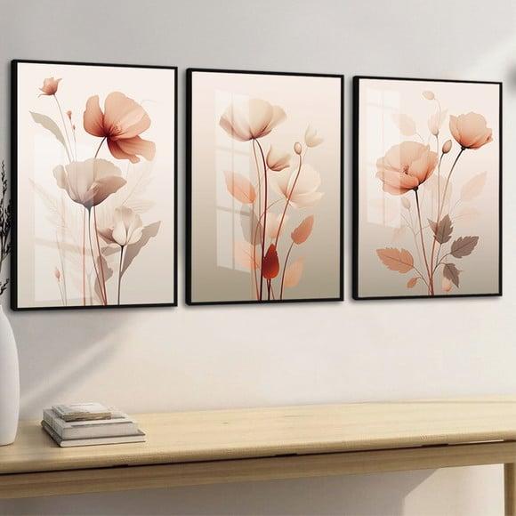 Kit 3 Quadros Decorativos Flores Rosa com Moldura e Vidro