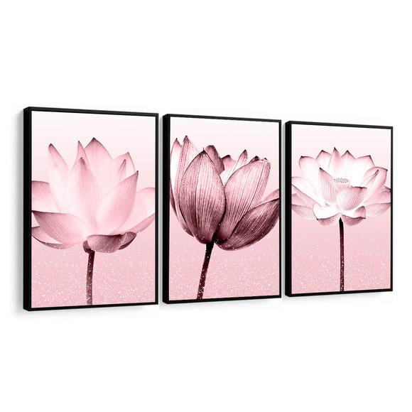 Kit 3 Quadros Decorativos Flores Rosa Para Sala Com Moldura