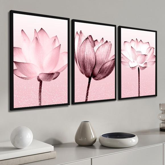 Kit 3 Quadros Decorativos Flores Rosa Para Sala Com Moldura