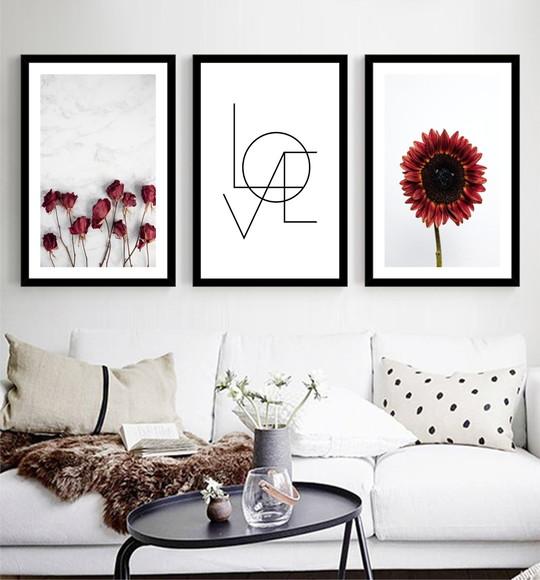 Kit 3 Quadros Decorativos Flores Rosas Vermelhas Love Casal