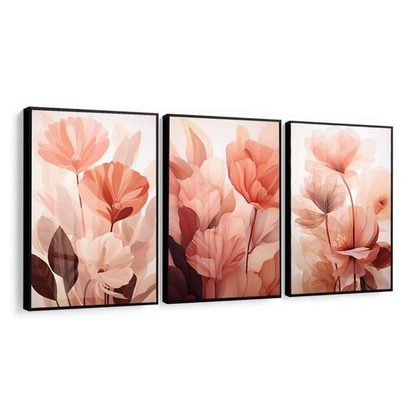 Kit 3 Quadros Decorativos Flores Rosas com Moldura e Vidro