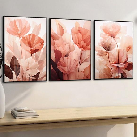 Kit 3 Quadros Decorativos Flores Rosas com Moldura e Vidro