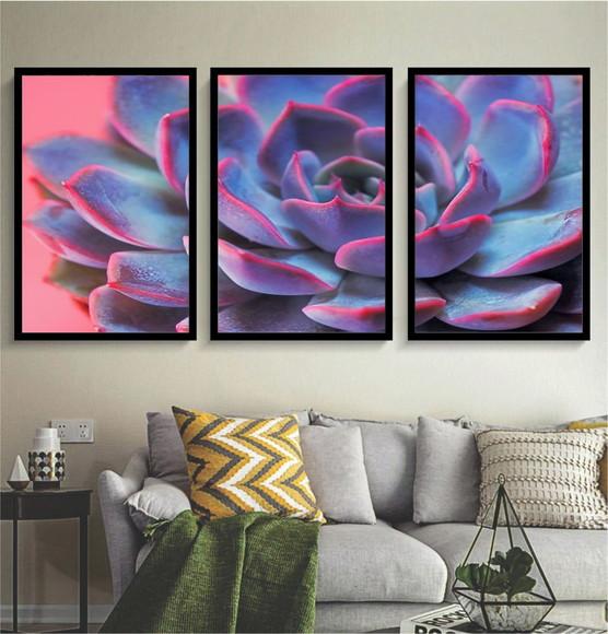 Kit 3 Quadros Decorativos Flores Suculenta para Sala Moldura