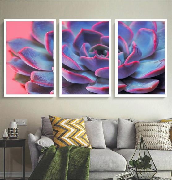 Kit 3 Quadros Decorativos Flores Suculenta Moderno Moldura