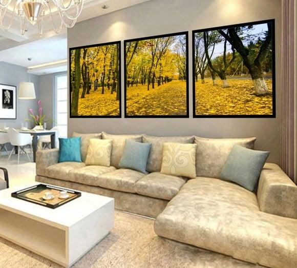 Kit 3 Quadros Decorativos Floresta Amarela Paisagem Conjunto