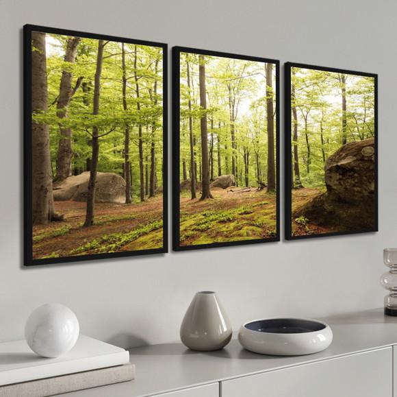 Kit 3 Quadros Decorativos Floresta Verde Paisagem Moldura