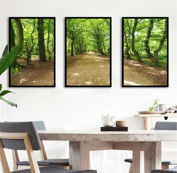 Kit 3 Quadros Decorativos Floresta Verde Paisagem Moldura