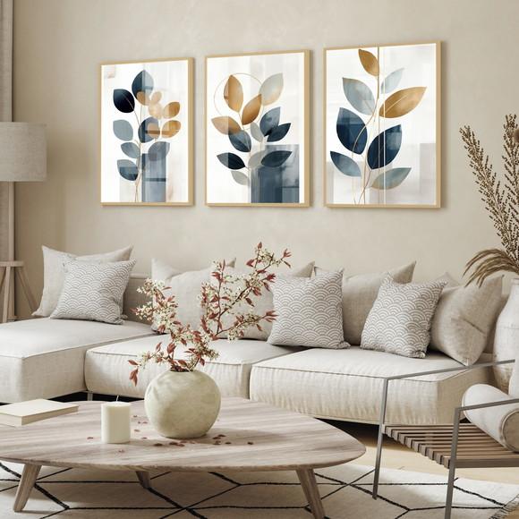 Kit 3 Quadros Decorativos Folhagem Abstrato Azul com Vidro