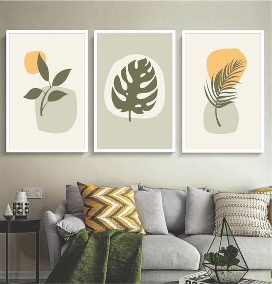 Kit 3 Quadros Decorativos Folhagem Abstrato Moderno Moldura