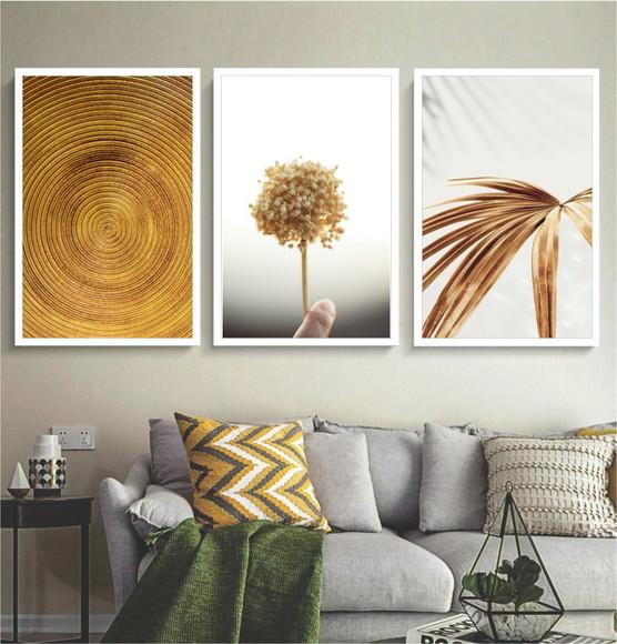 Kit 3 Quadros Decorativos Folhagem Abstrato Gold Com Moldura