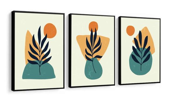 Kit 3 Quadros Decorativos Folhagem Abstrato Moderno Moldura