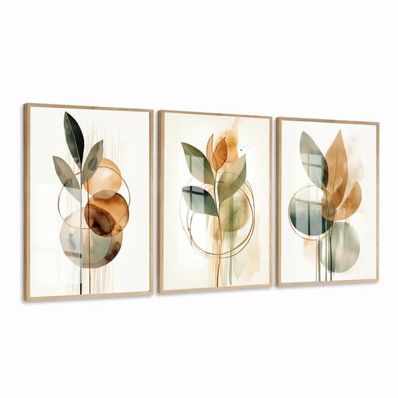 Kit 3 Quadros Decorativos Folhagem Abstrato Moldura e Vidro