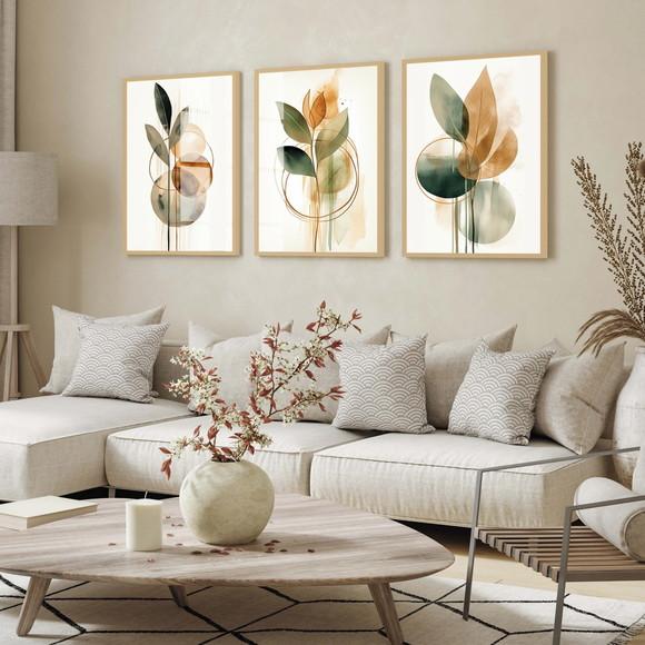 Kit 3 Quadros Decorativos Folhagem Abstrato Moldura e Vidro