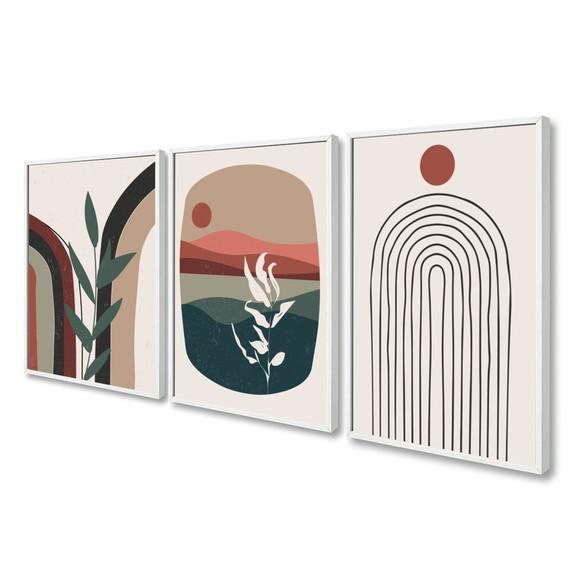 Kit 3 Quadros Decorativos Folhagem Abstrato Vermelho Moldura