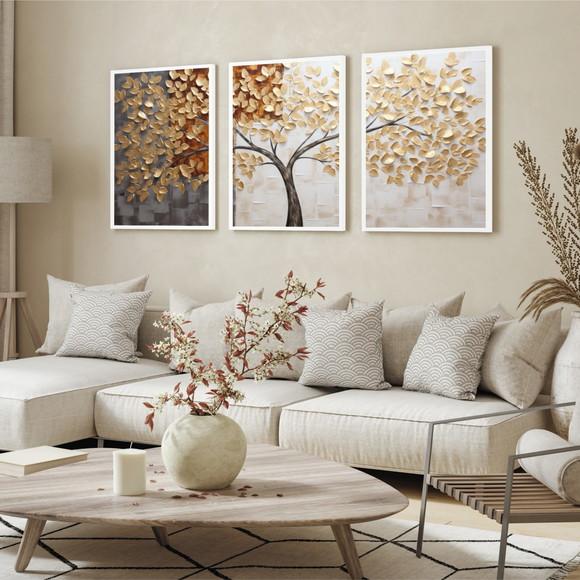 Kit 3 Quadros Decorativos Folhagem Arvore Abstrato Moldura