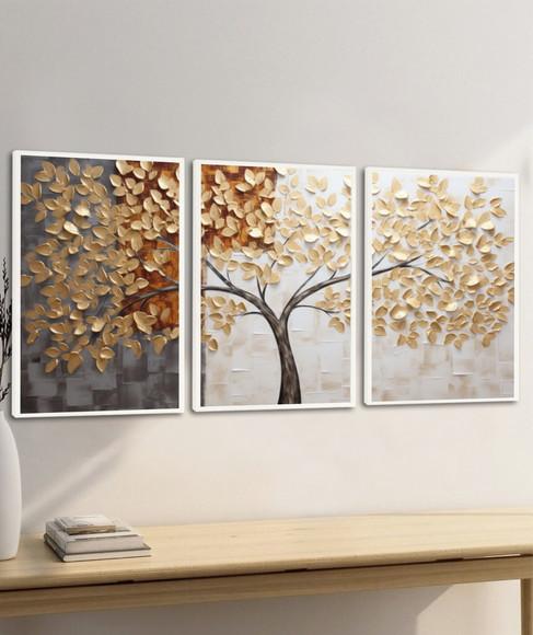 Kit 3 Quadros Decorativos Folhagem Arvore Abstrato Moldura
