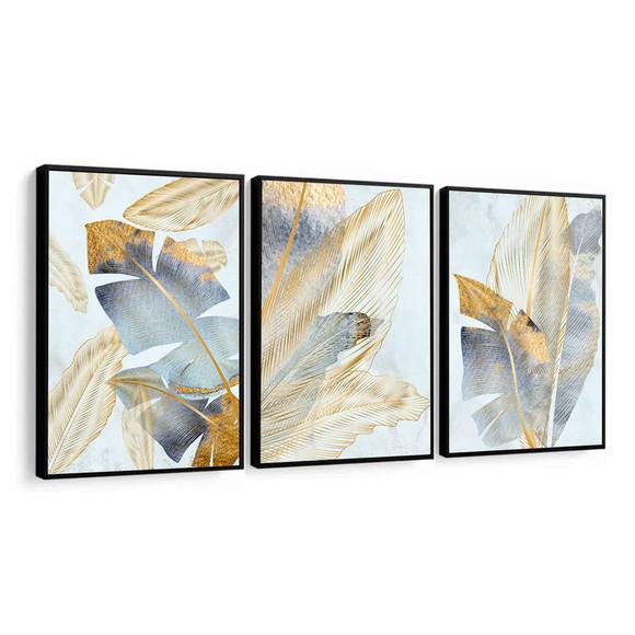 Kit 3 Quadros Decorativos Folhagem Azul Dourada Com Moldura