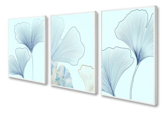 Kit 3 Quadros Decorativos Folhagem Azul Dourada Com Moldura