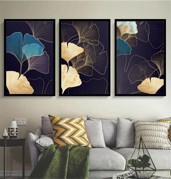 Kit 3 Quadros Decorativos Folhagem Azul Dourada Com Moldura