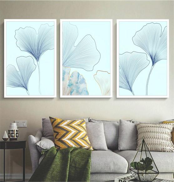 Kit 3 Quadros Decorativos Folhagem Azul Dourada Com Moldura