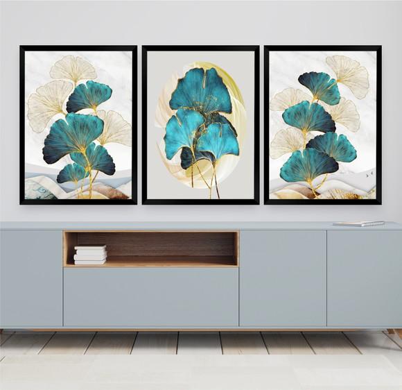 Kit 3 Quadros Decorativos Folhagem Azul Gold Flores Moldura