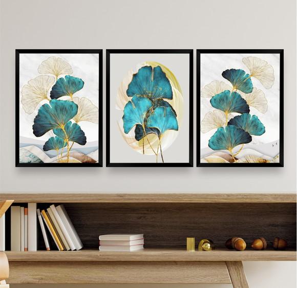 Kit 3 Quadros Decorativos Folhagem Azul Gold Flores Moldura