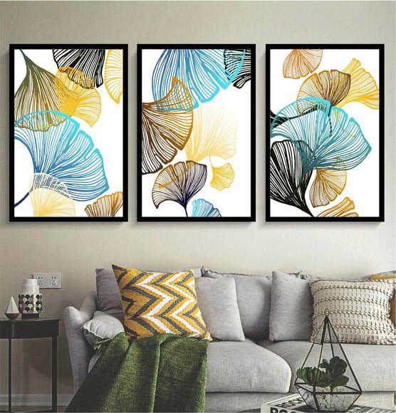 Kit 3 Quadros Decorativos Folhagem Azul Gold Moderno Moldura