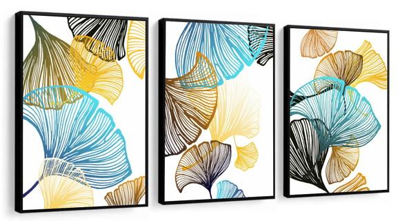 Kit 3 Quadros Decorativos Folhagem Azul Gold Moderno Moldura