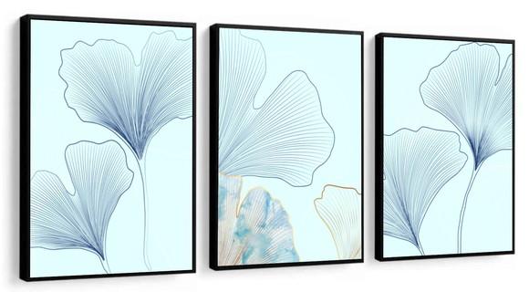 Kit 3 Quadros Decorativos Folhagem Azul Moderno Com Moldura