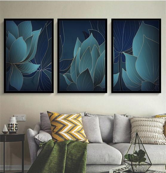 Kit 3 Quadros Decorativos Folhagem Azul Moderno Com Moldura