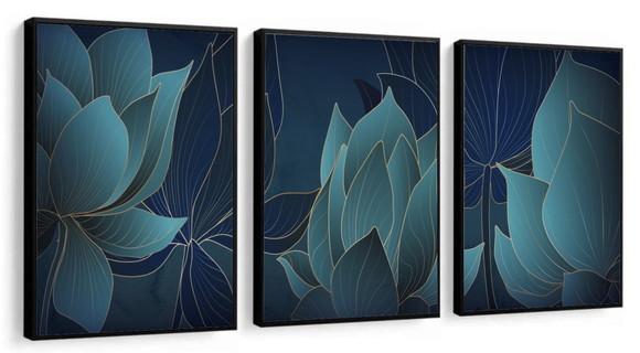 Kit 3 Quadros Decorativos Folhagem Azul Moderno Com Moldura
