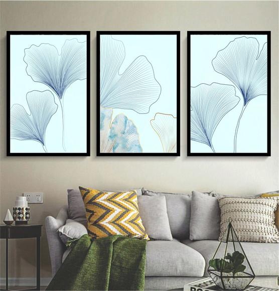 Kit 3 Quadros Decorativos Folhagem Azul Moderno Com Moldura